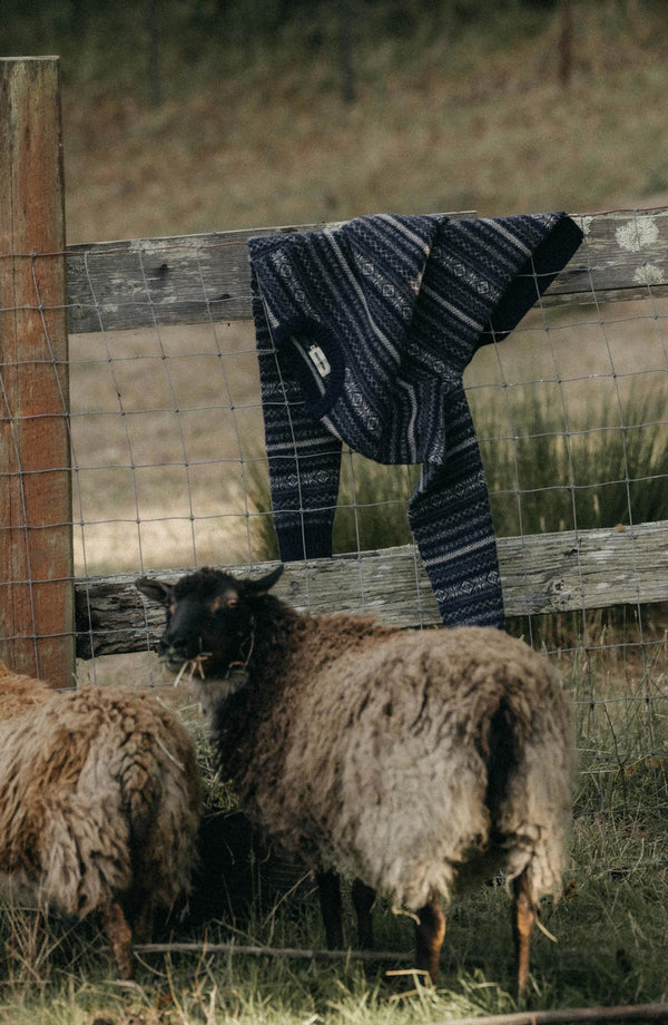 editorial image of The Eastmoor Sweater in Navy Fair Isle Wool on a fence