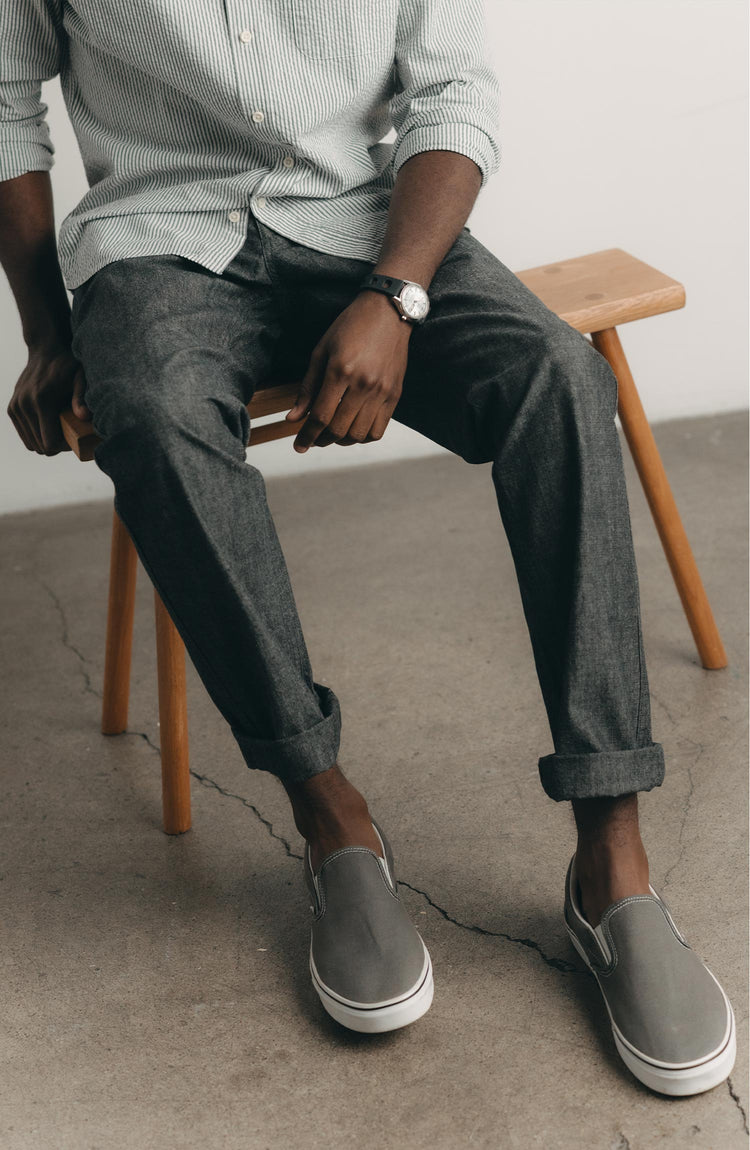 fit model posing in The Easy Pant in Black Indigo Chambray