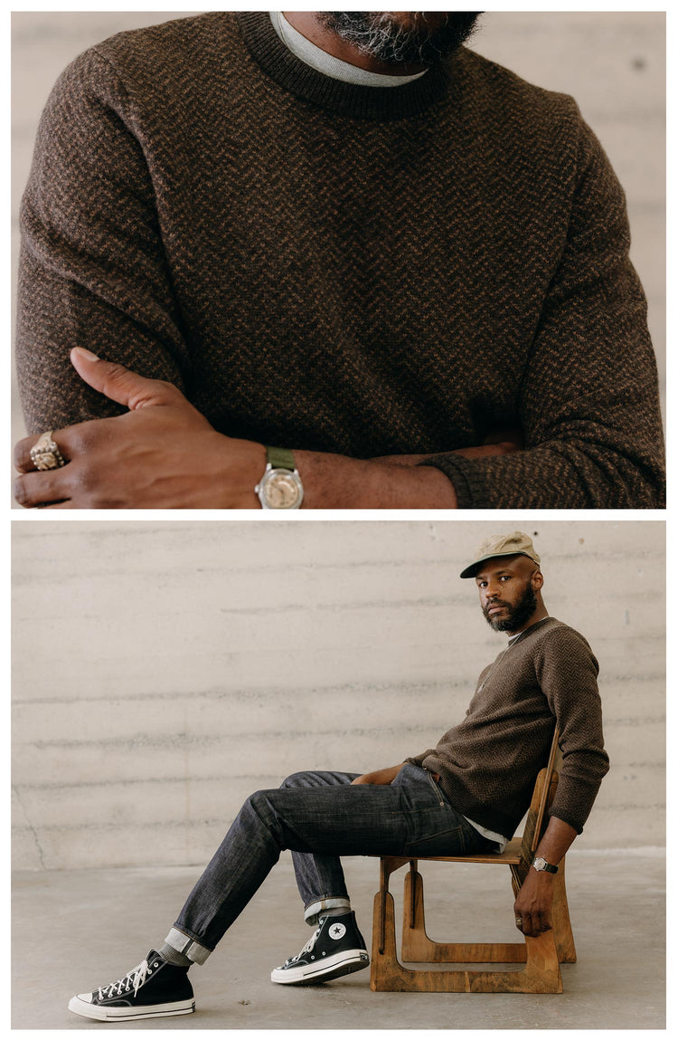 fit model posing in The Eddy Crew in Coffee Herringbone