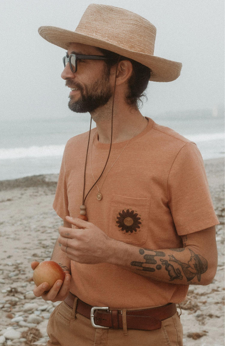 Daren wearing The Embroidered Heavy Bag Tee in Dried Acorn Aubade
