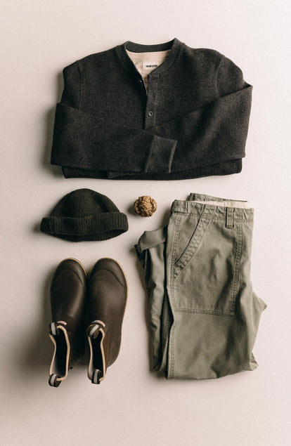 editorial flatlay of The Evans Henley in Charcoal Birdseye Wool