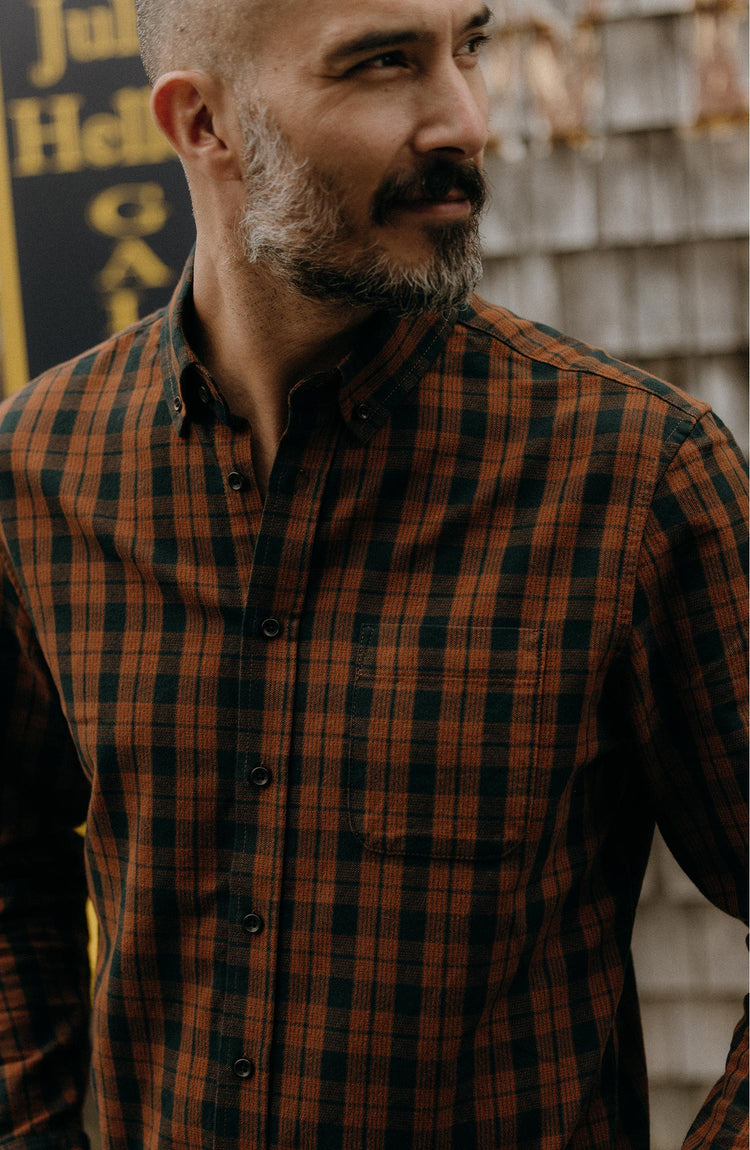 fit model showing off The Jack in Autumn Pine Plaid Flannel
