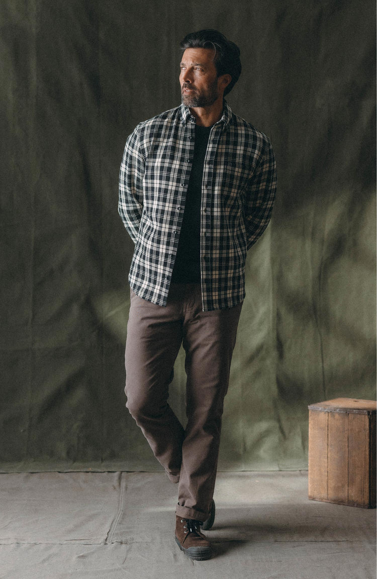 fit model posing in The Jack in Coal Plaid Waffle