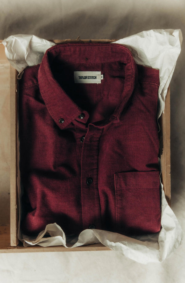 folded flatlay of The Jack in Heather Burgundy Pincord