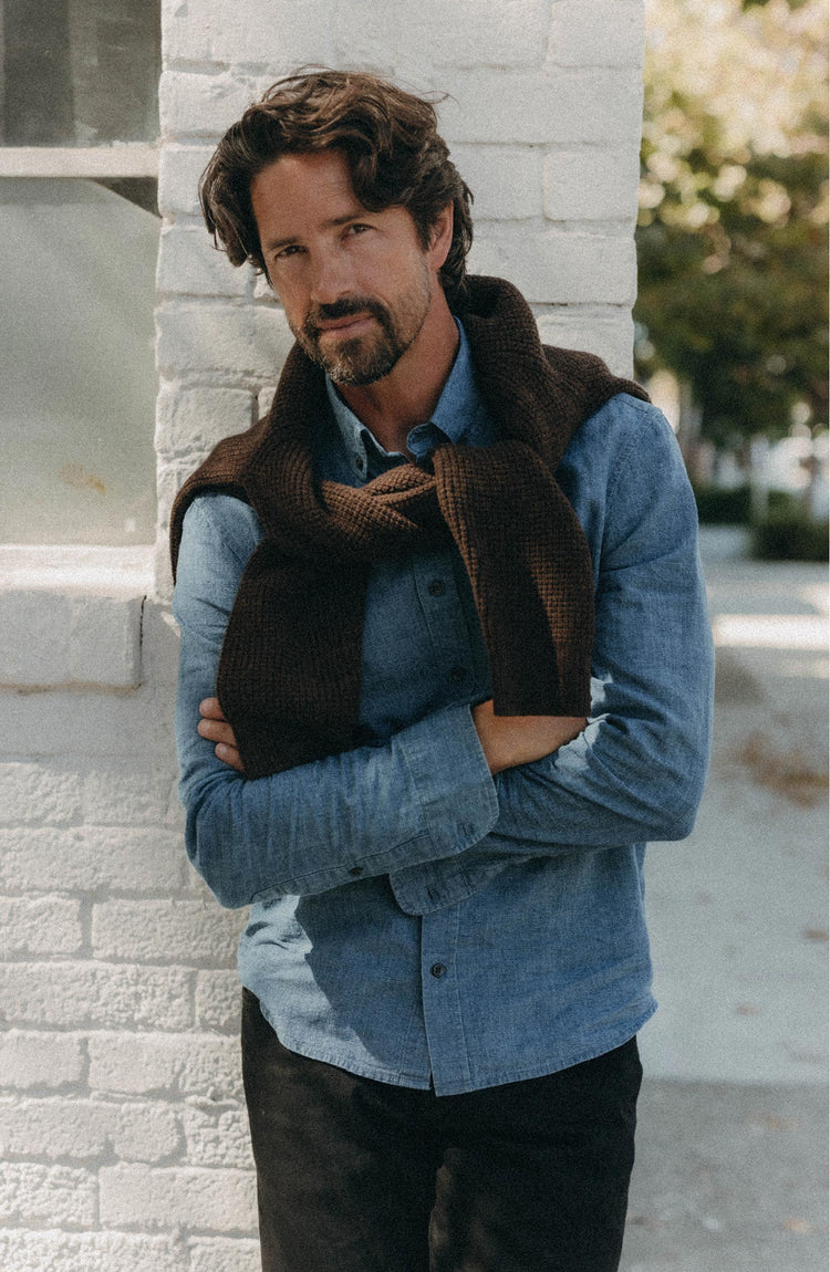 fit model posing in The Jack in Indigo Check Linen