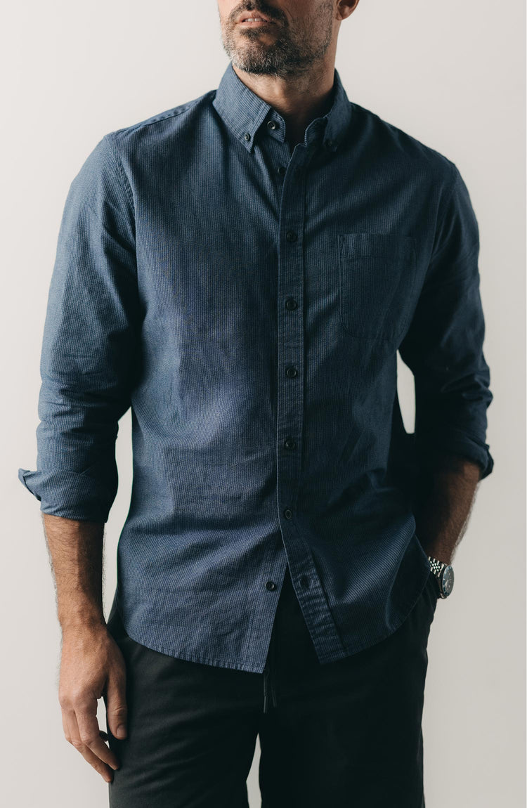 fit model posing in The Jack in Marine Stripe