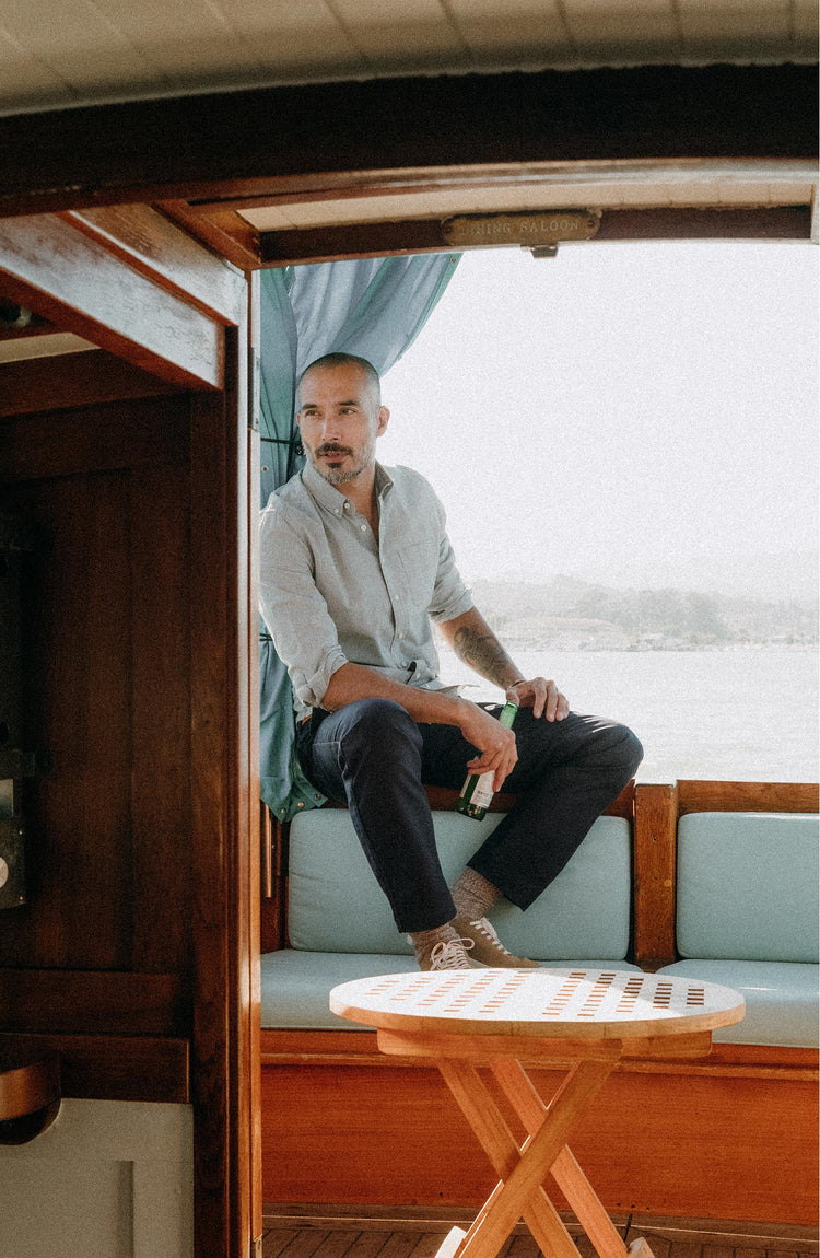 fit model posing in The Jack in Rinsed Indigo Stripe Chambray