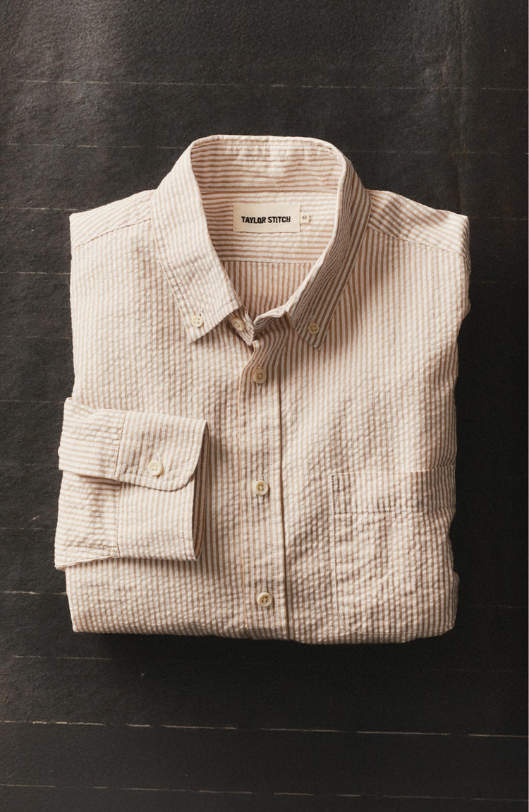 folded flatlay of The Jack in Sand Stripe Seersucker