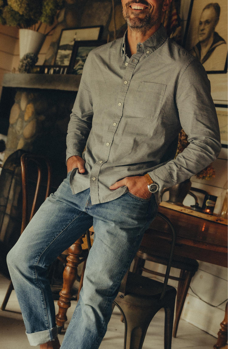 fit model showing off The Jack in Steel Jaspe Check