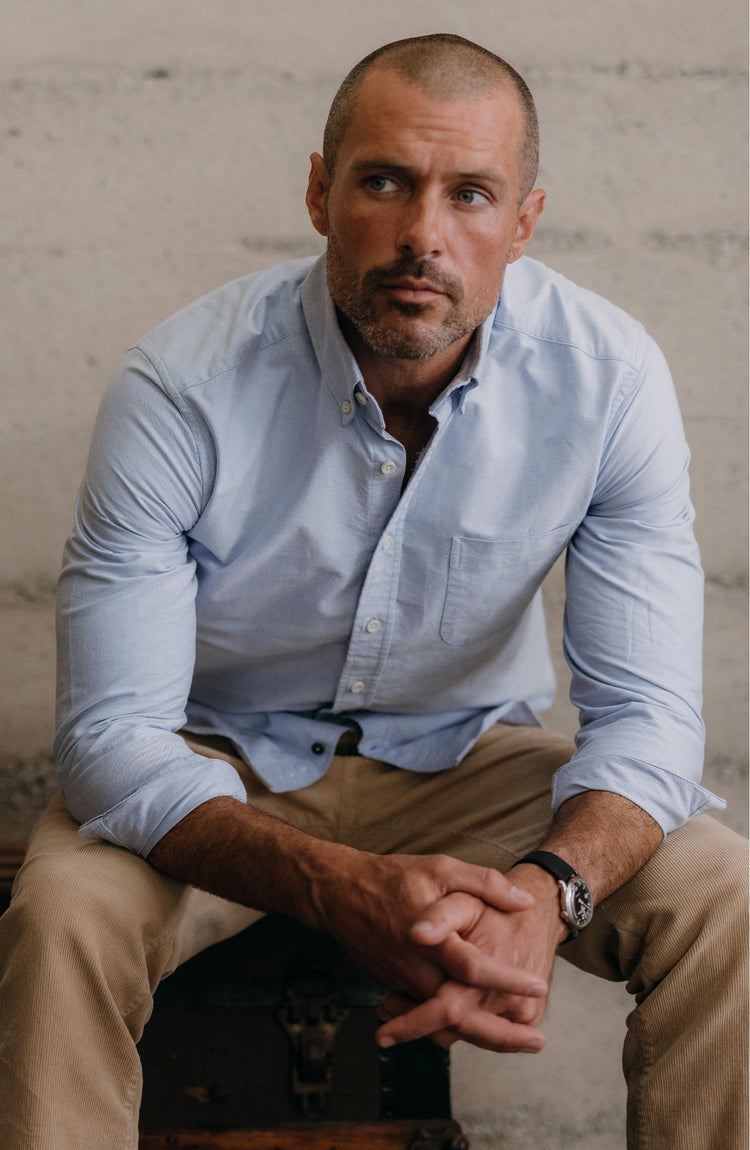 fit model with his hand in his pocket wearing The Jack in Blue Everyday Oxford