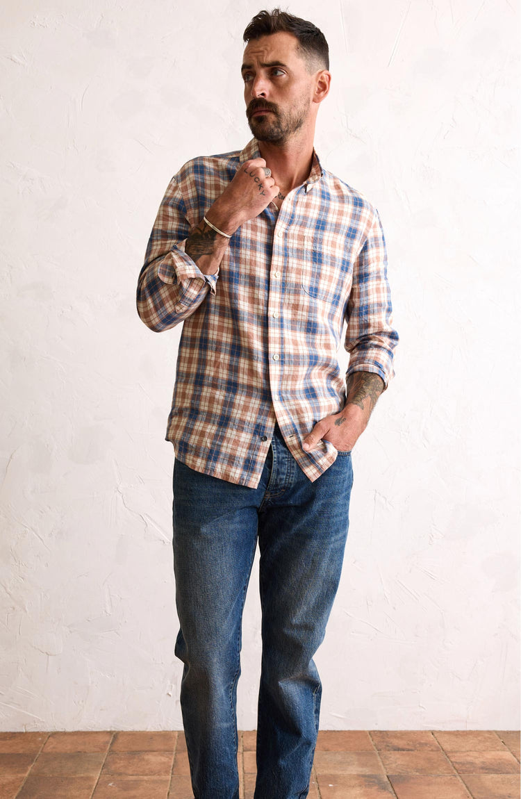 Our model wearing The Jack in Sunrise Plaid Linen
