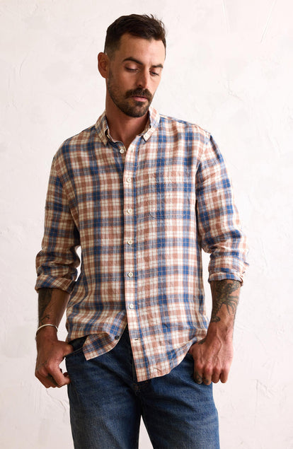 Our model standing in The Jack in Sunrise Plaid Linen