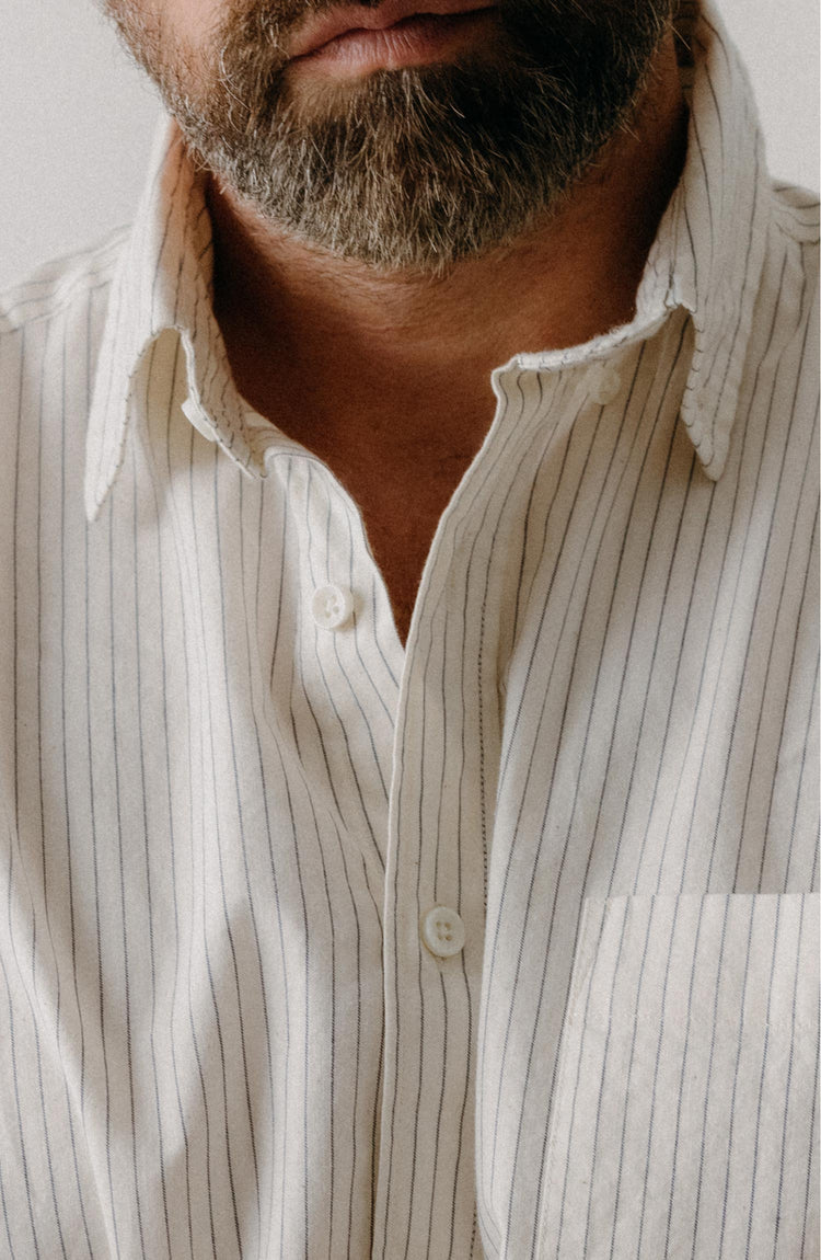 Our model wearing The Jack in Indigo Stripe