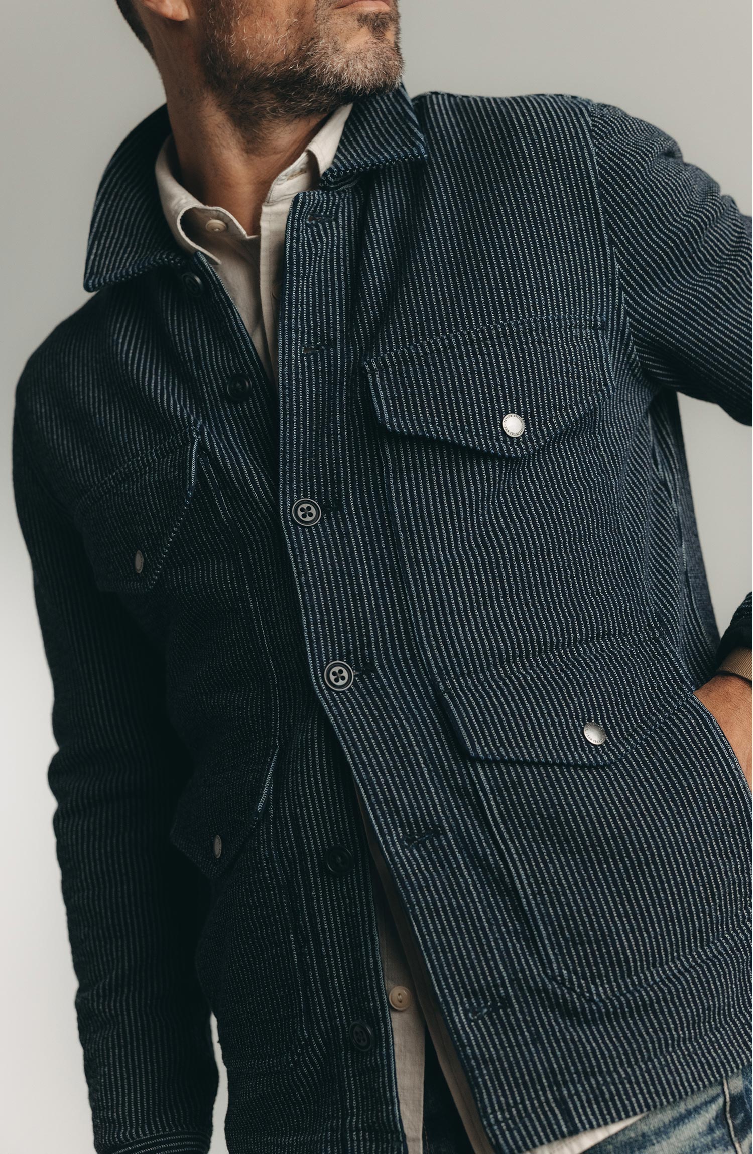 The Jackson Jacket in Rinsed Indigo French Terry Stripe | Taylor