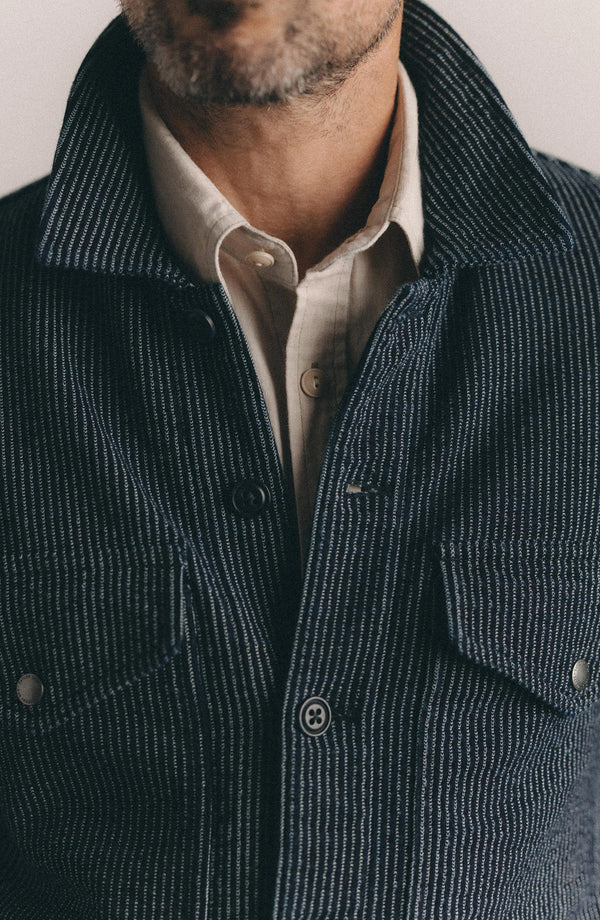 material shot of the buttons on The Jackson Jacket in Rinsed Indigo French Terry Stripe