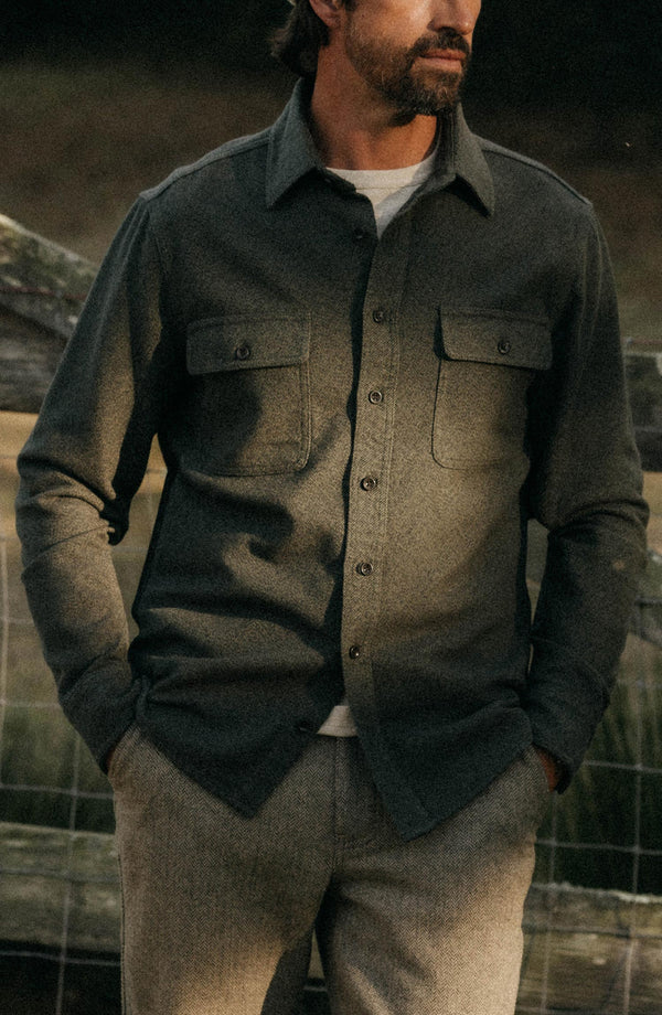 fit model showing off The Ledge Shirt in Pine Twist