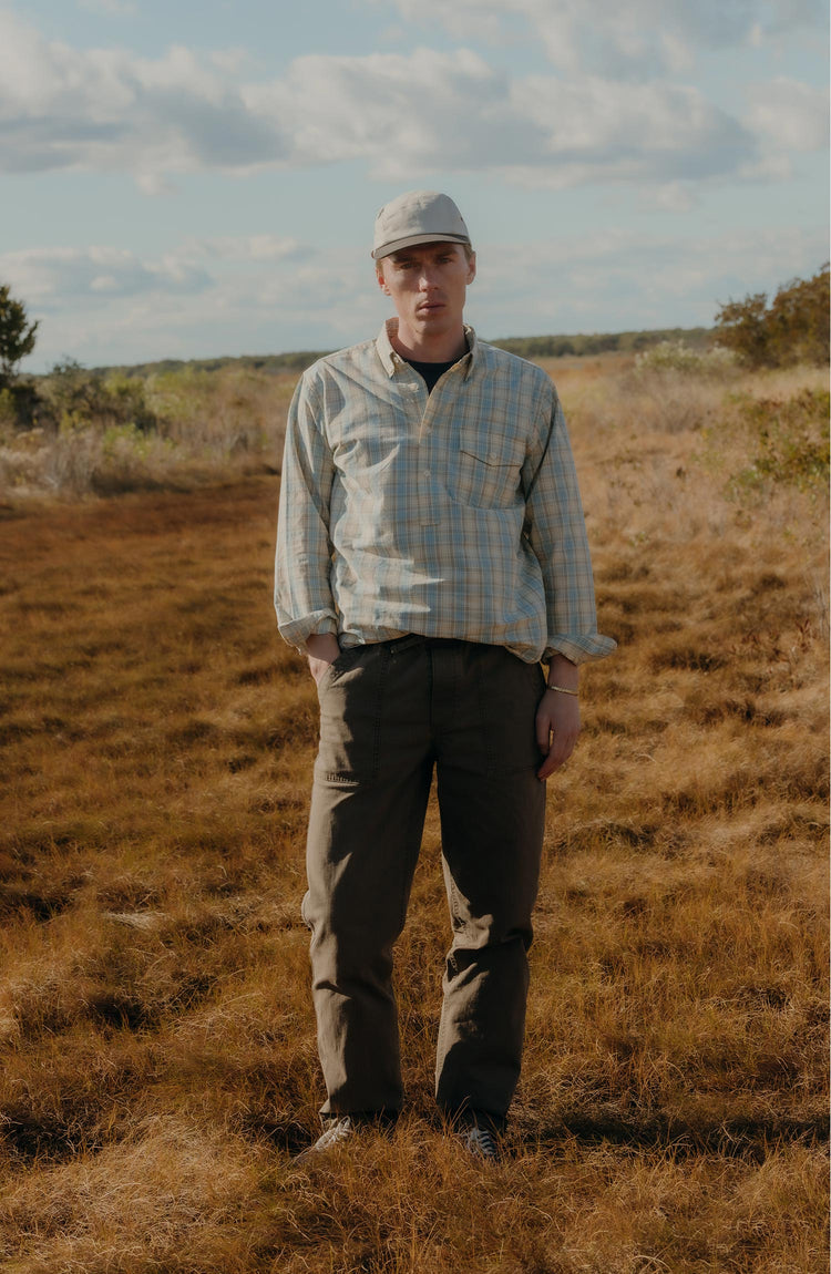 fit model posing in The Logan Popover in Blue Sky Plaid