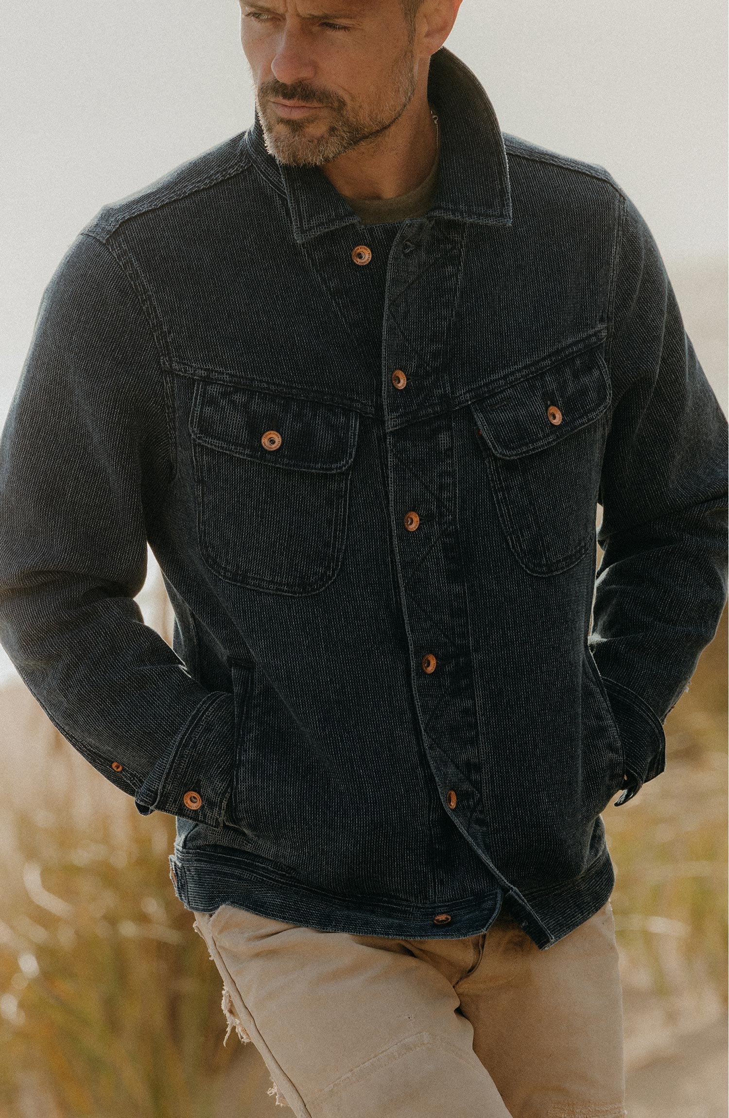 The Long Haul Trucker Jacket in Rinsed Indigo Waffle | Taylor Stitch