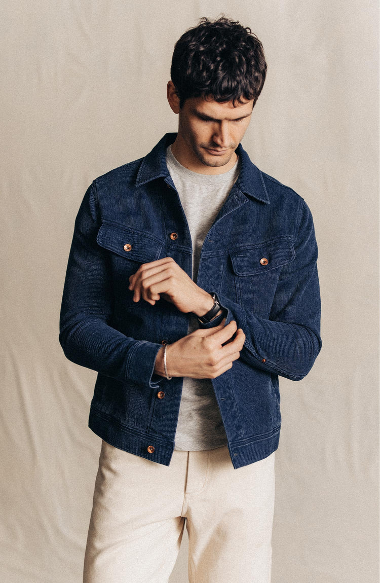 Our model wearing the long haul in indigo waffle