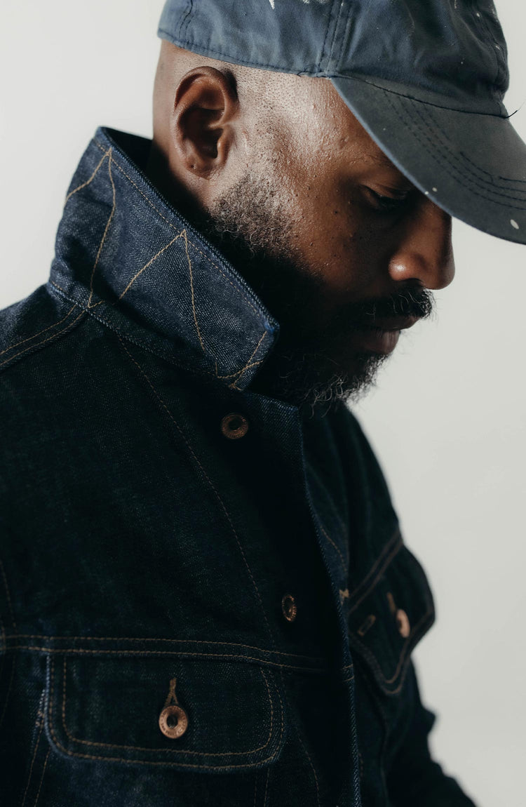 fit model showing off the collar on The Long Haul Jacket in Rinsed Organic Selvedge
