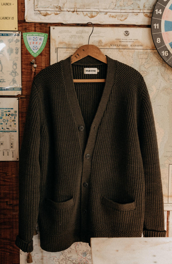 editorial image of The Mariner Cardigan in Heather Loden Slub hanging