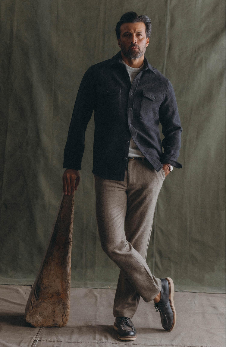 fit model showing off The Maritime Shirt Jacket in Heather Charcoal Wool