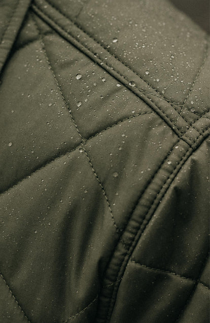 fit model showing dry wax texture on The Miller Shirt Jacket in Smoked Olive Dry Wax