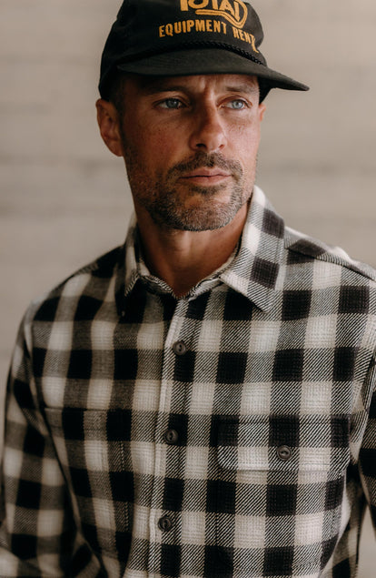 fit model showing off The Moto Utility Shirt in White Smoke Plaid