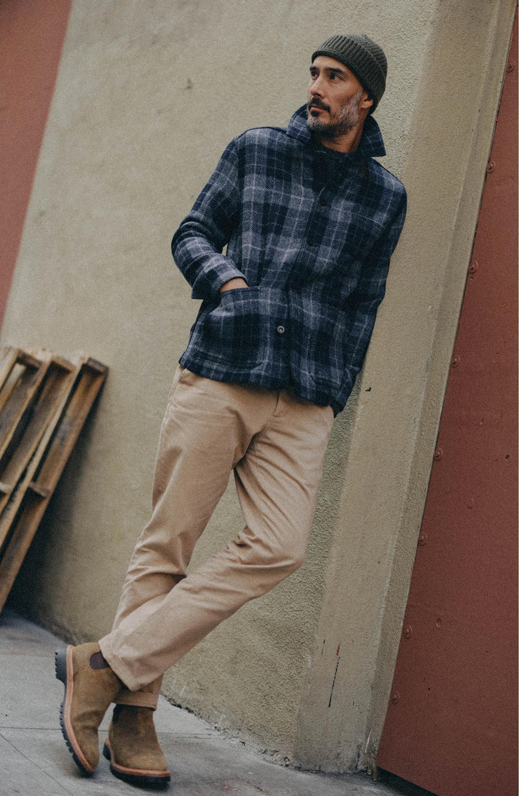 fit model posing in The Ojai Jacket in Midnight Tartan Harris Tweed Wool