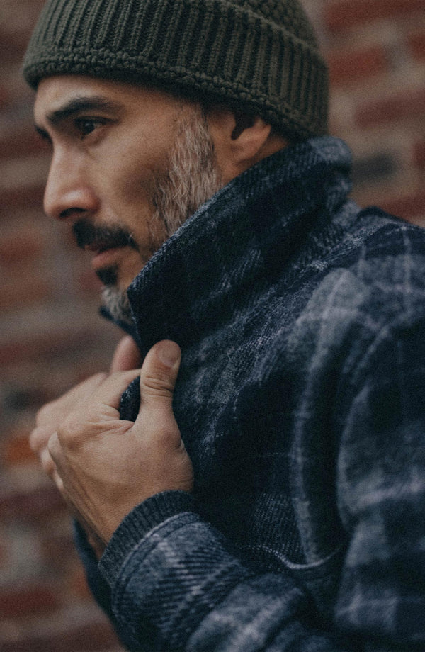 fit model showing off The Ojai Jacket in Midnight Tartan Harris Tweed Wool