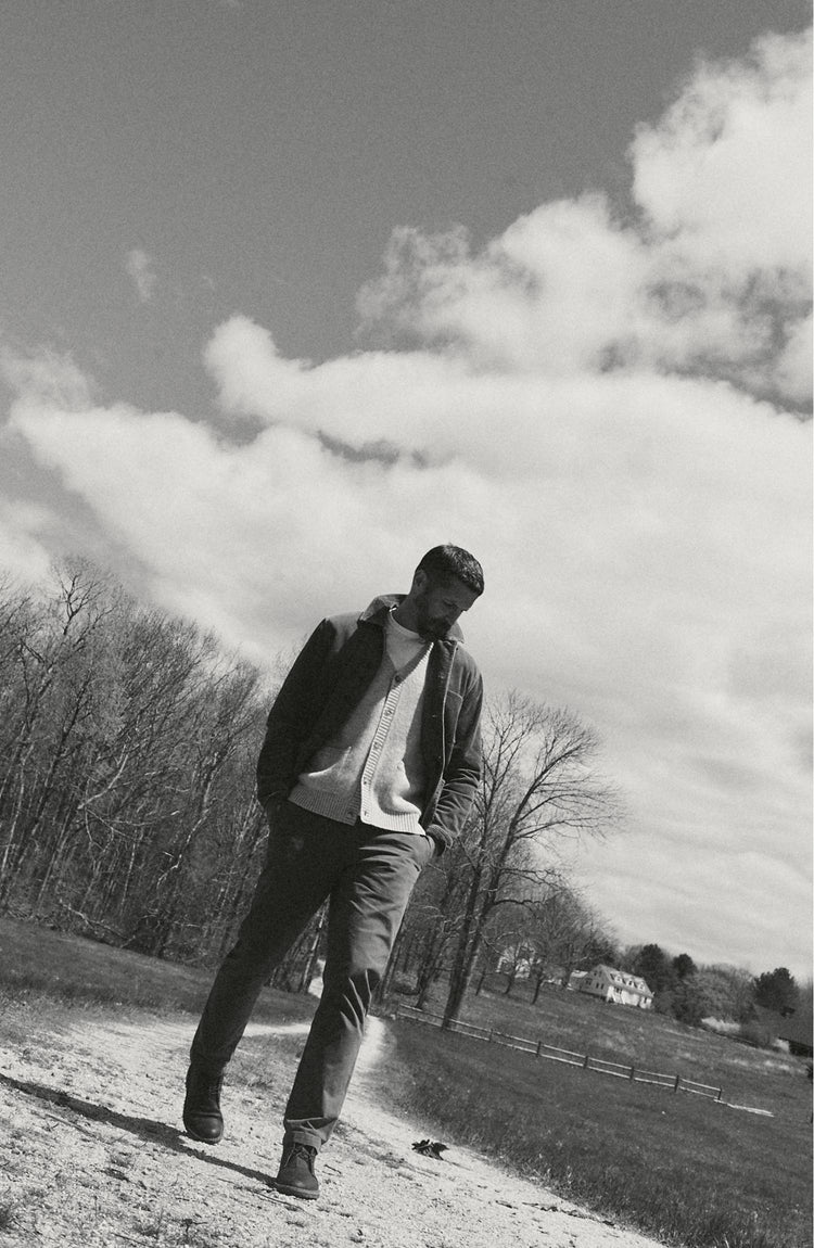 fit model posing in The Ojai Jacket in Washed Indigo Corduroy