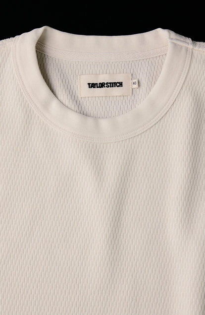 fit model posing in The Organic Cotton Short Sleeve Crew in Vintage White Waffle