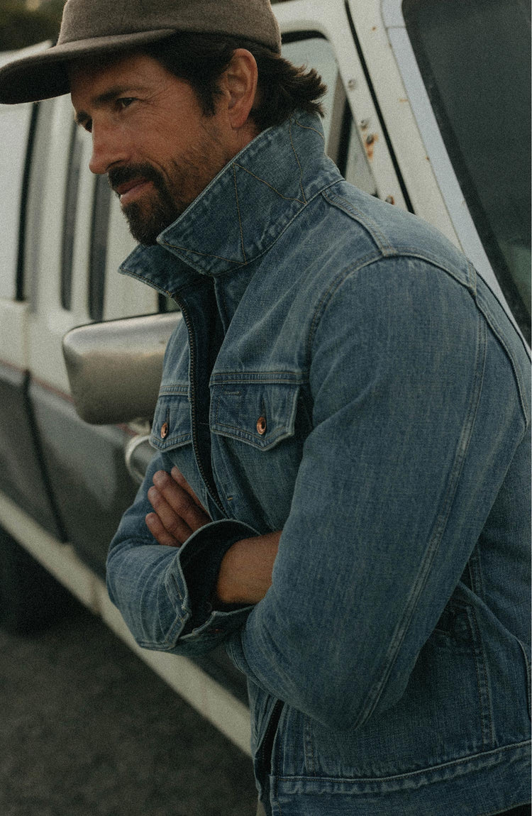 fit model showing off The Roper Jacket in Vintage Wash Organic Selvedge