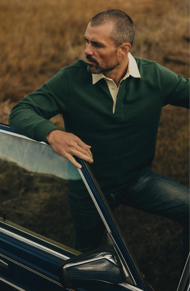 fit model showing off The Rugby Shirt in Ivy