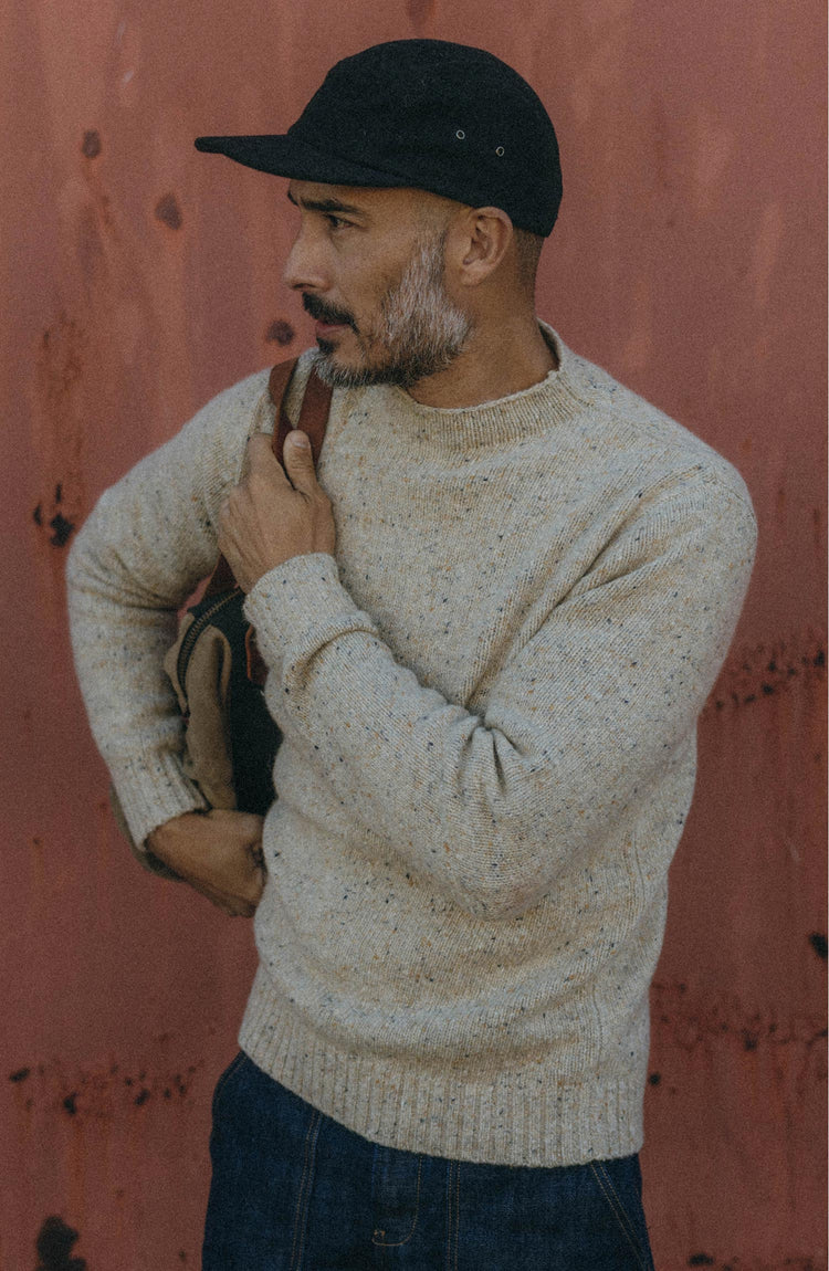 fit model wearing The Seafarer Sweater in Natural Donegal