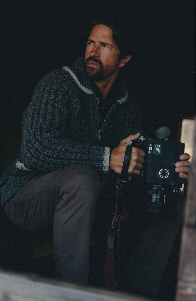 fit model showing off The Roper Jacket in Vintage Wash Organic Selvedge