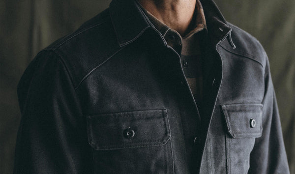 Model wearing The Shop Shirt in Coal Chipped Canvas