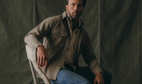 Model wearing The Shop Shirt in Stone Chipped Canvas