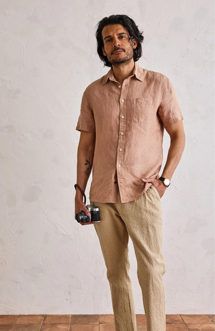 Our model wearing The Short Sleeve California in Clay Hemp