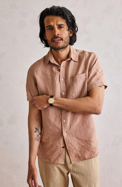 Our model standing in The Short Sleeve California in Clay Hemp