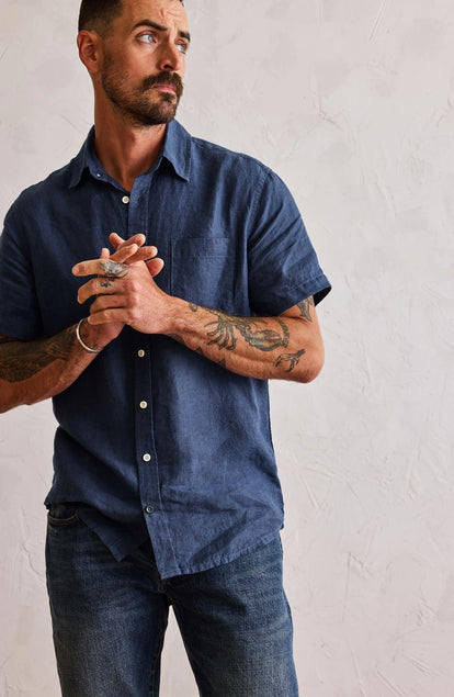 Our model standing in The Short Sleeve California in Navy Hemp