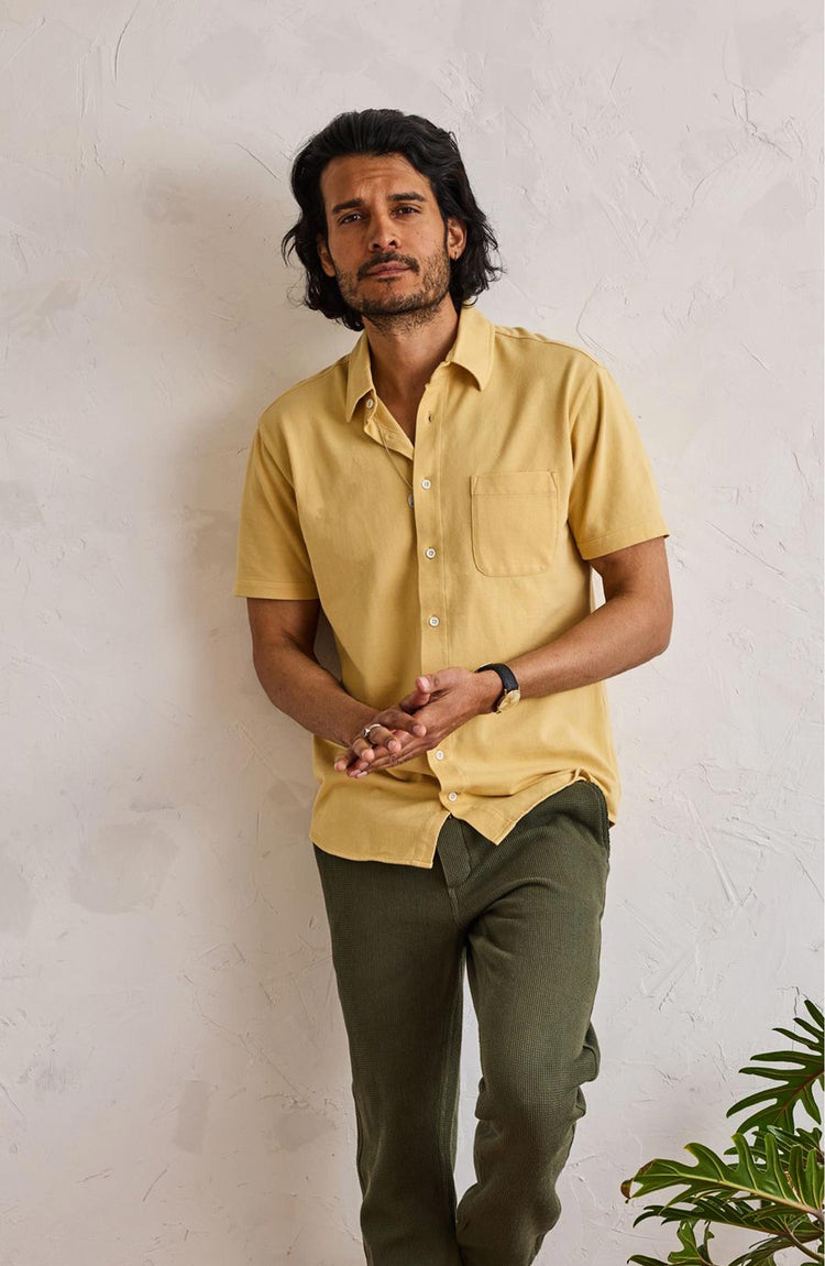 Our model wearing The Short Sleeve California in Oak Pique