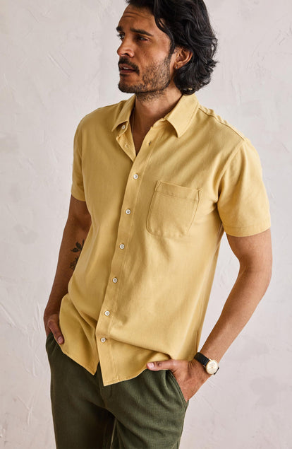 Our model standing in The Short Sleeve California in Oak Pique