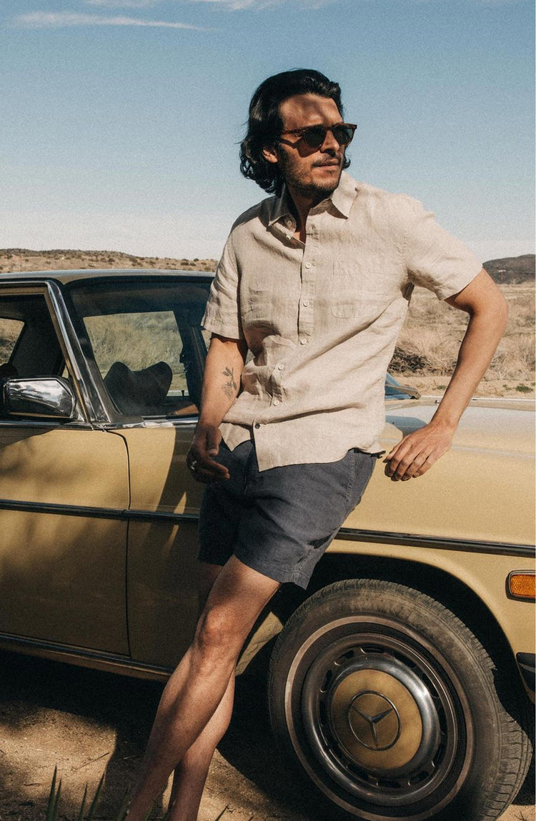 Our model wearing The Short Sleeve California in Sage Hemp