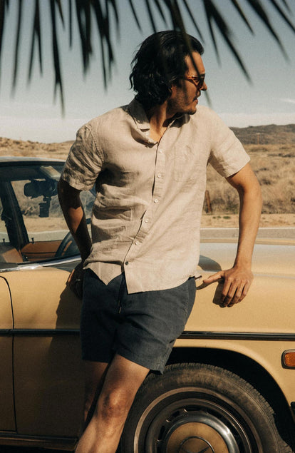 Our model standing in The Short Sleeve California in Sage Hemp