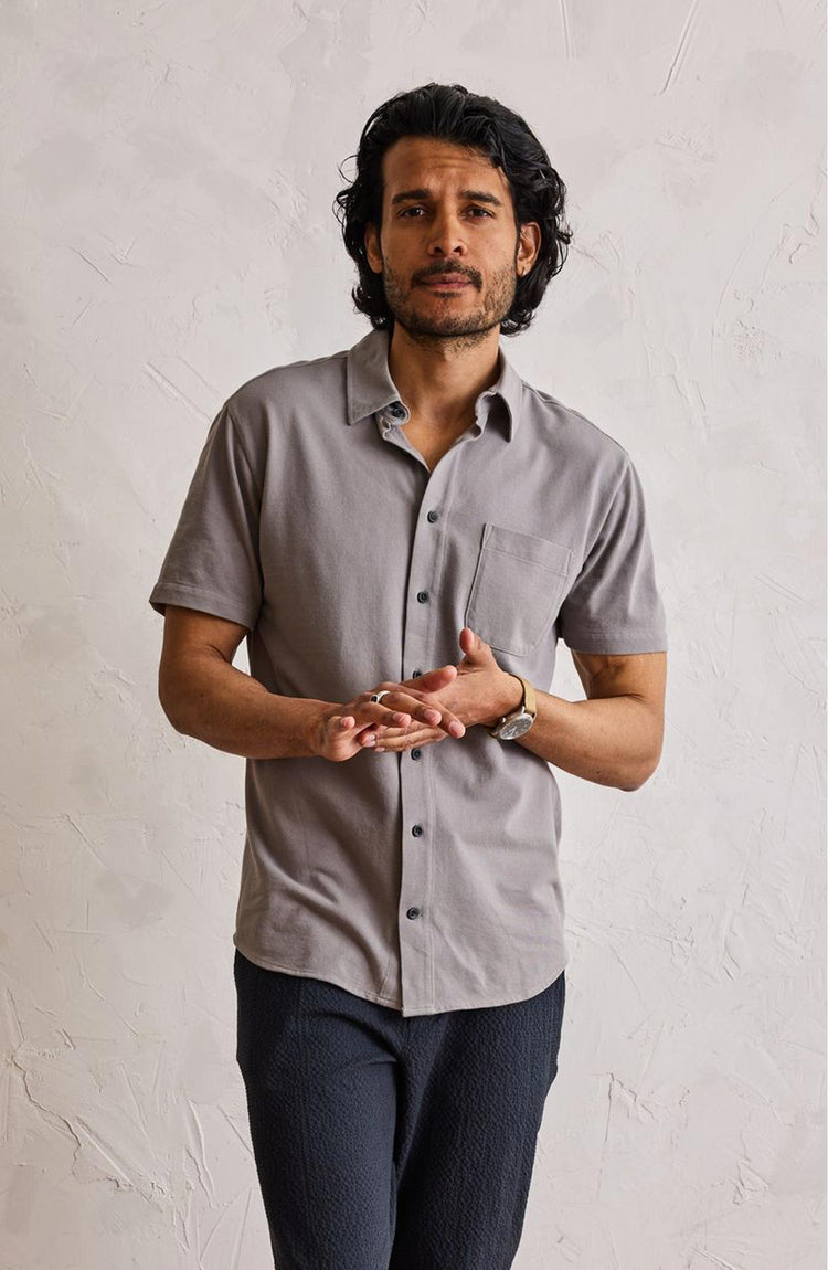 Our model wearing The Short Sleeve California in Steeple Grey Pique