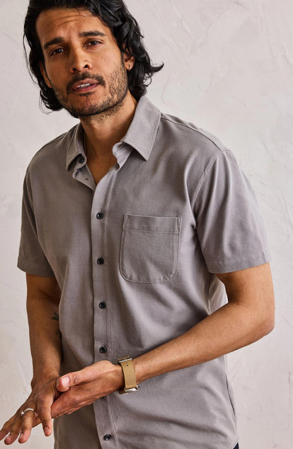 Our model standing in The Short Sleeve California in Steeple Grey Pique