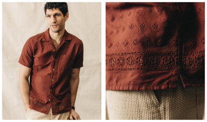 fit model posing in The Hawthorne Camp Shirt in Red Wine