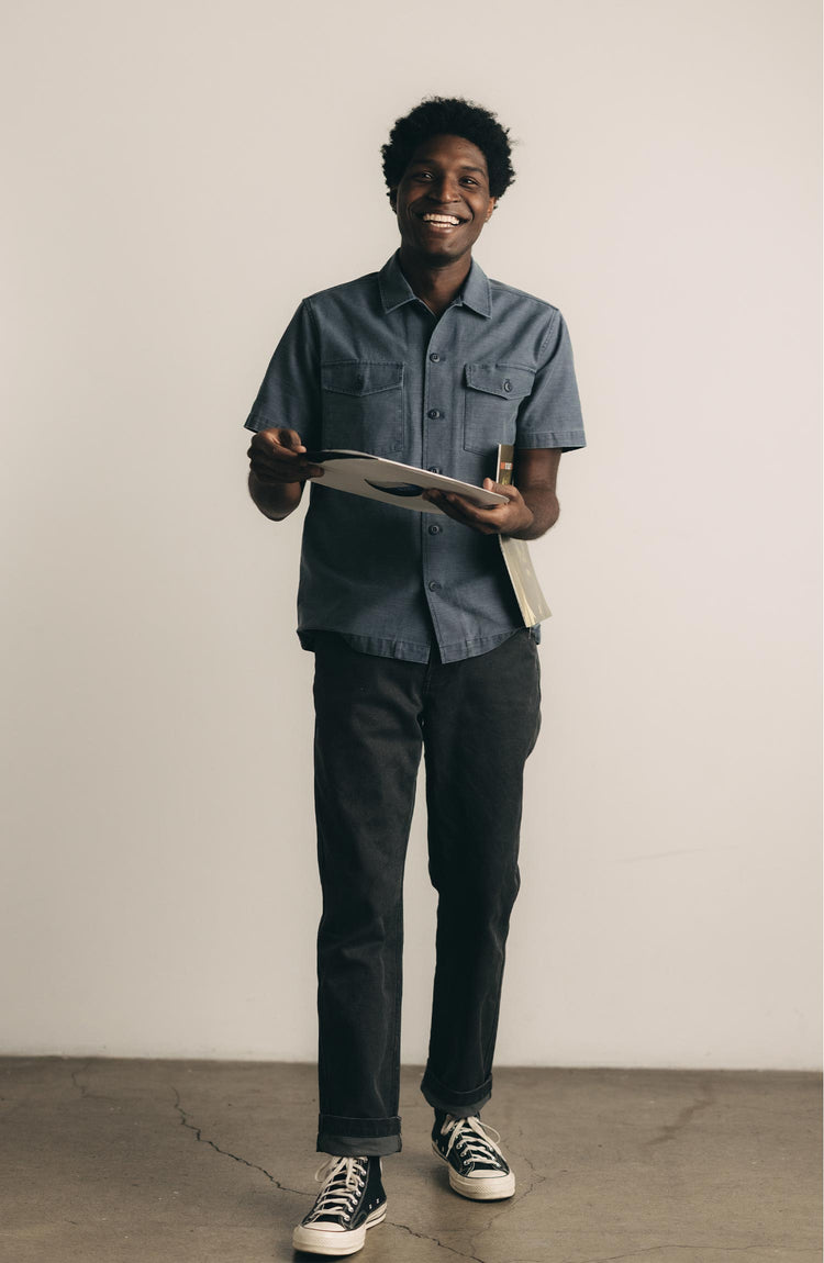 fit model wearing The Short Sleeve Surplus Shirt in Dark Navy Reverse Sateen