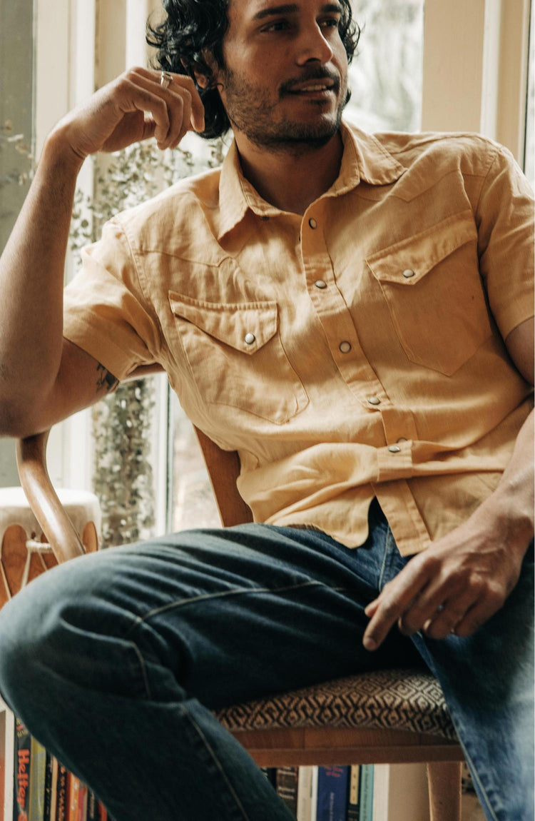 Our model wearing The Short Sleeve Western in Oak